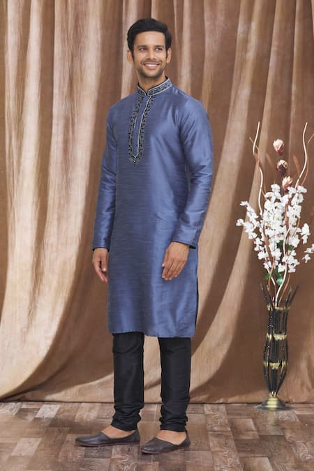 Buy_Arihant Rai Sinha_Grey Silk Mirrors, Embroidery Banarasi Art Kurta _Online_at_Aza_Fashions