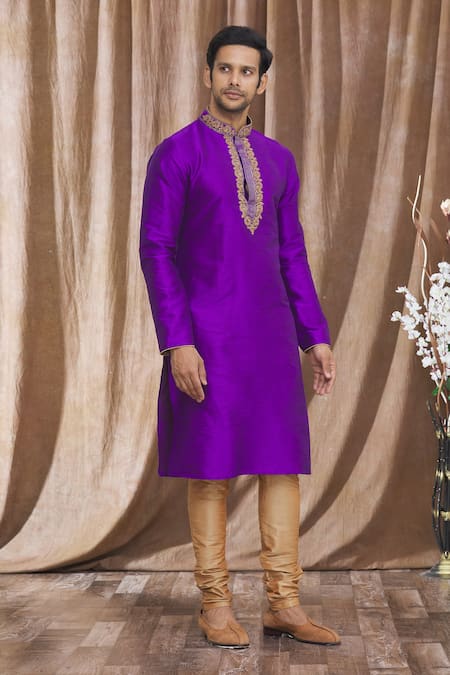 Arihant Rai Sinha_Purple Silk Embroidery Banarasi Placket Kurta _Online_at_Aza_Fashions