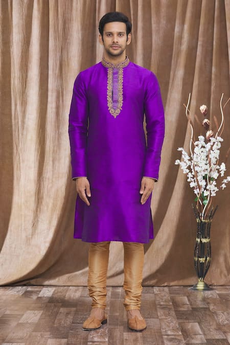 Buy_Arihant Rai Sinha_Purple Silk Embroidery Banarasi Placket Kurta _Online_at_Aza_Fashions