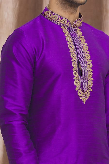 Shop_Arihant Rai Sinha_Purple Silk Embroidery Banarasi Placket Kurta _Online_at_Aza_Fashions