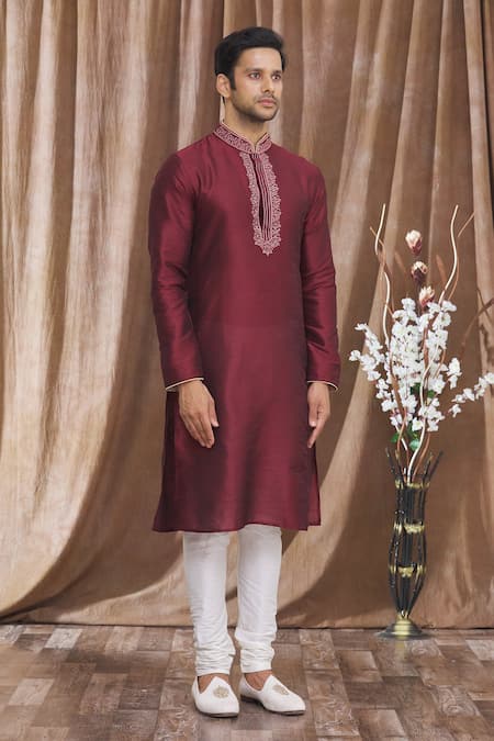 Arihant Rai Sinha_Maroon Silk Embroidery Floral Thread Kurta _Online_at_Aza_Fashions