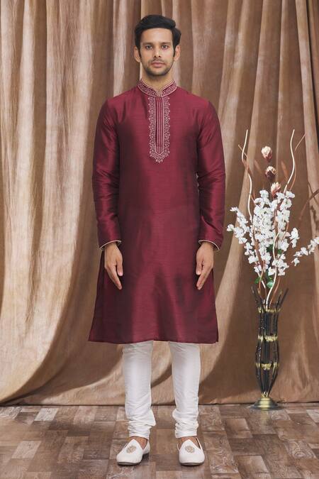 Buy_Arihant Rai Sinha_Maroon Silk Embroidery Floral Thread Kurta _Online_at_Aza_Fashions