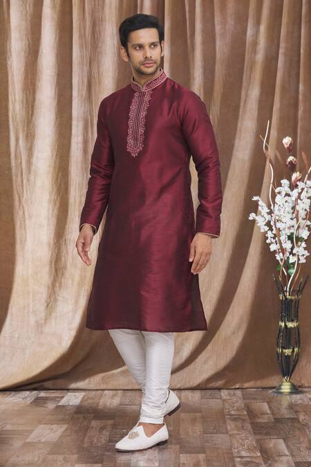 Shop_Arihant Rai Sinha_Maroon Silk Embroidery Floral Thread Kurta _Online_at_Aza_Fashions