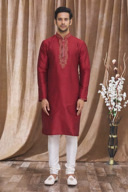 Arihant Rai Sinha_Maroon Silk Embroidery Placket Kurta _Online_at_Aza_Fashions