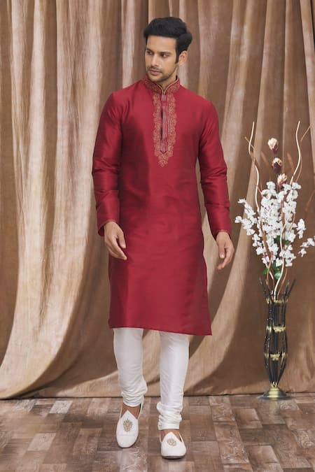 Buy_Arihant Rai Sinha_Maroon Silk Embroidery Placket Kurta _Online_at_Aza_Fashions