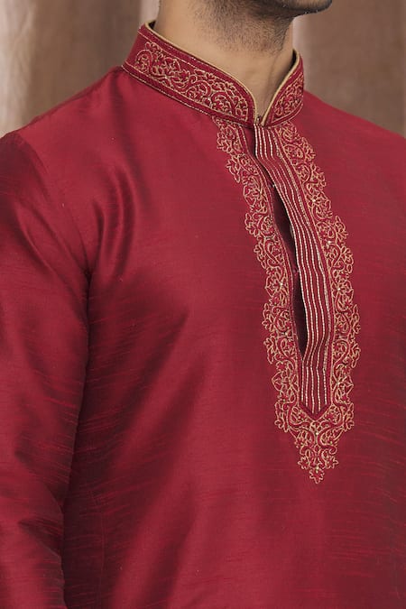 Shop_Arihant Rai Sinha_Maroon Silk Embroidery Placket Kurta _Online_at_Aza_Fashions