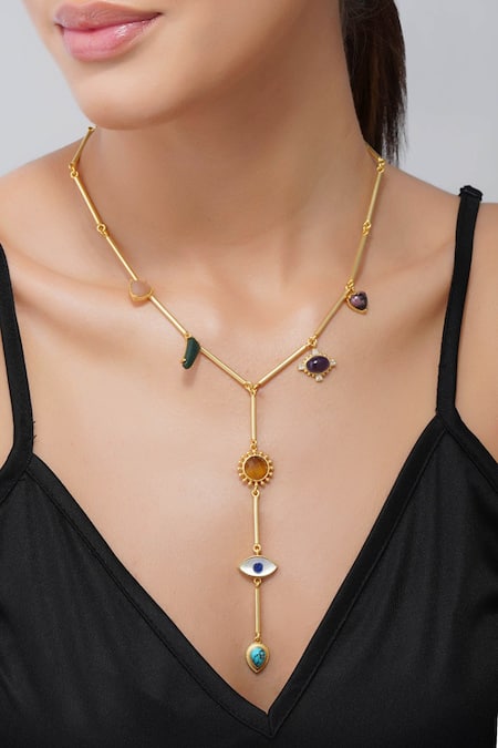 Zariin Gold Plated Multi Stone Healing Necklace Online at Aza Fashions Zariin_Gold Plated Multi Stone Healing Necklace _Online_at_Aza_Fashions