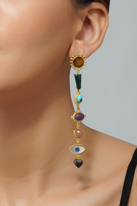 Shop ZARIIN Gold Plated Crystals, Stones Multi Healing Dangler Earrings at Aza Fashions Shop_ZARIIN_Gold Plated Crystals, Stones Multi Healing Dangler Earrings _at_Aza_Fashions