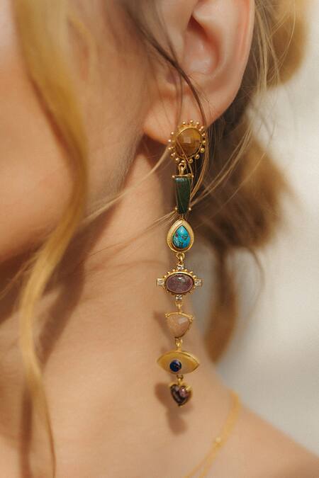ZARIIN Gold Plated Crystals, Stones Multi Healing Dangler Earrings Online at Aza Fashions ZARIIN_Gold Plated Crystals, Stones Multi Healing Dangler Earrings _Online_at_Aza_Fashions