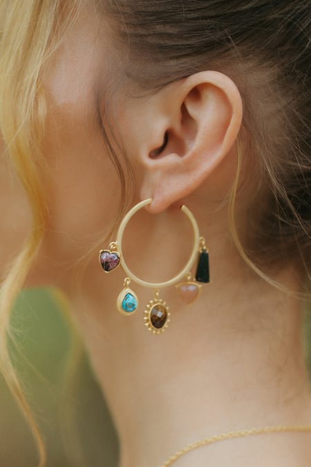 Shop ZARIIN Gold Plated Stones, Diamonds Multi Healing Hoop Earrings at Aza Fashions Shop_ZARIIN_Gold Plated Stones, Diamonds Multi Healing Hoop Earrings _at_Aza_Fashions