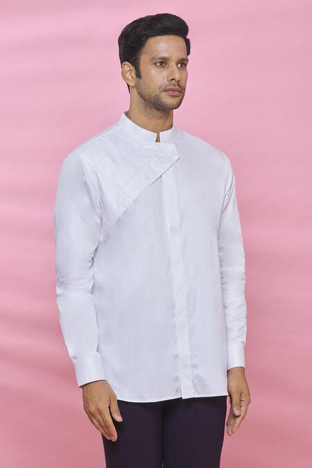 Aces By Arjun Agarwal_White Cotton Plain Pintuck Shirt_Online_at_Aza_Fashions