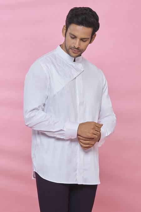 Buy_Aces By Arjun Agarwal_White Cotton Plain Pintuck Shirt_Online_at_Aza_Fashions