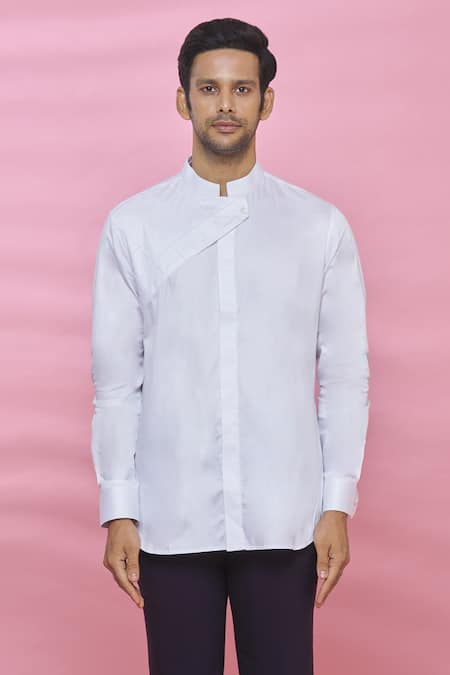 Shop_Aces By Arjun Agarwal_White Cotton Plain Pintuck Shirt_Online_at_Aza_Fashions