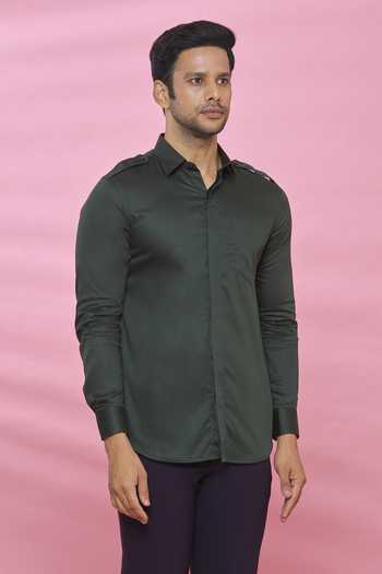 Aces By Arjun Agarwal_Green Cotton Plain Shirt_Online_at_Aza_Fashions