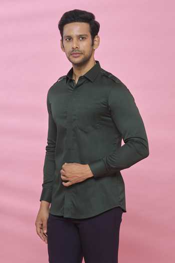 Buy_Aces By Arjun Agarwal_Green Cotton Plain Shirt_Online_at_Aza_Fashions