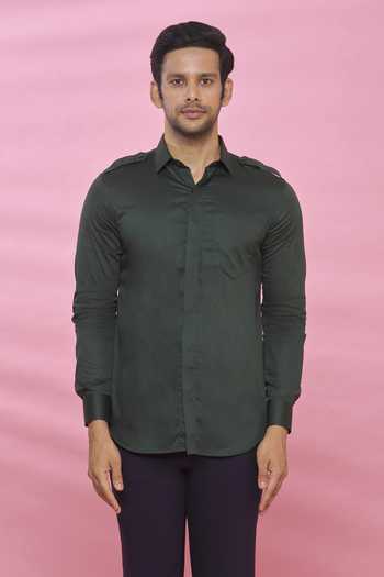 Shop_Aces By Arjun Agarwal_Green Cotton Plain Shirt_Online_at_Aza_Fashions