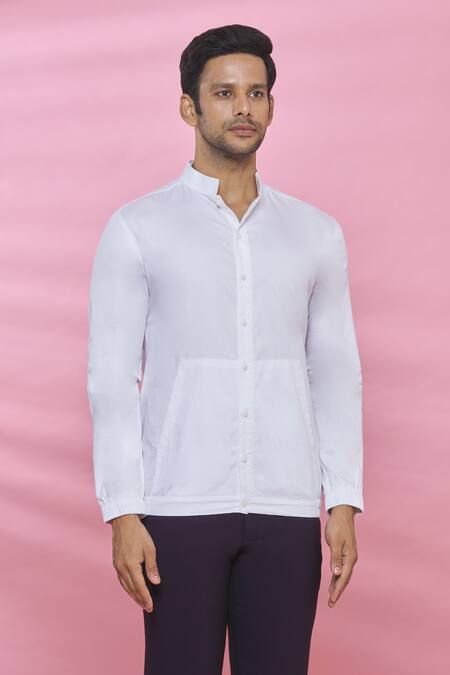 Aces By Arjun Agarwal_White Cotton Plain Mandarin Collar Shirt_Online_at_Aza_Fashions