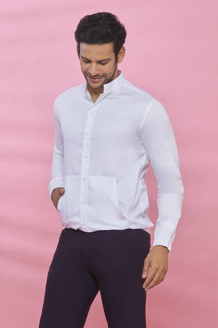 Buy_Aces By Arjun Agarwal_White Cotton Plain Mandarin Collar Shirt_Online_at_Aza_Fashions