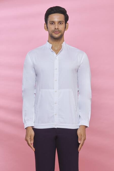 Shop_Aces By Arjun Agarwal_White Cotton Plain Mandarin Collar Shirt_Online_at_Aza_Fashions