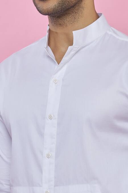 Aces By Arjun Agarwal_White Cotton Plain Mandarin Collar Shirt_at_Aza_Fashions