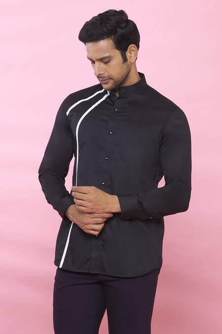 Buy_Aces By Arjun Agarwal_Black Cotton Plain Mandarin Collar Shirt_Online_at_Aza_Fashions