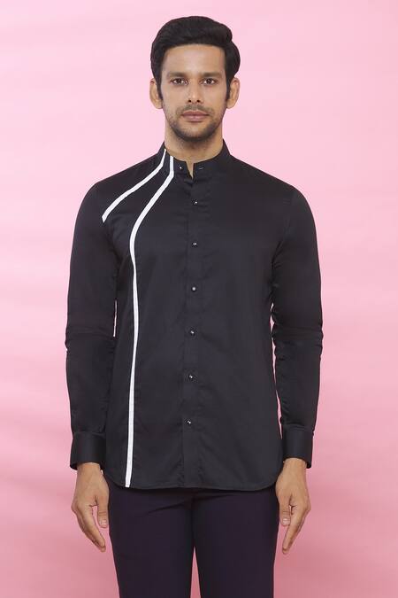 Shop_Aces By Arjun Agarwal_Black Cotton Plain Mandarin Collar Shirt_Online_at_Aza_Fashions
