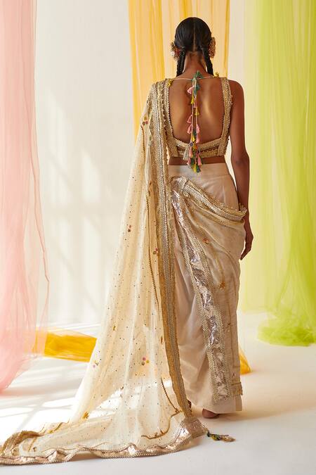 Shop Priyanka Singh White Cotton, Mul Silk Mukaish Embroidered Drape Attached Blouse And Lehenga Set at Aza Fashions Shop_Priyanka Singh_White Cotton, Mul Silk Mukaish Embroidered Drape Attached Blouse And Lehenga Set_at_Aza_Fashions