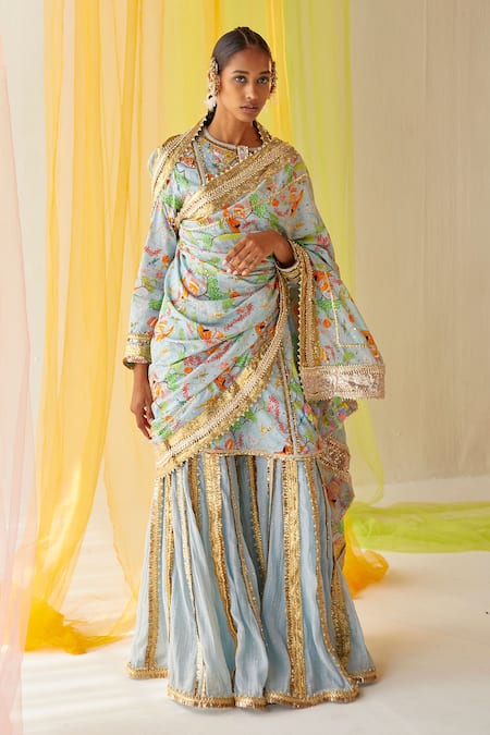 Priyanka Singh Blue Cotton, Mul Silk Floral, Mukaish Work, Sequins, Print Kurta Gharara Set 