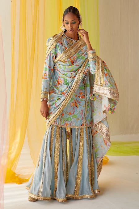 Priyanka Singh_Blue Cotton, Mul Silk Floral, Mukaish Work, Sequins, Print Kurta Gharara Set_Online_at_Aza_Fashions