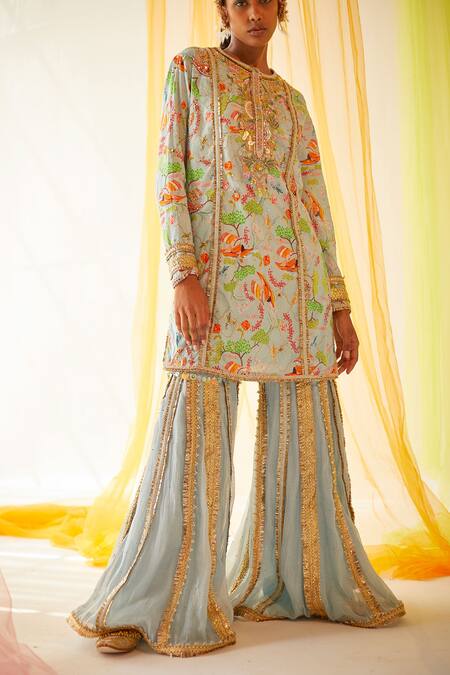 Buy_Priyanka Singh_Blue Cotton, Mul Silk Floral, Mukaish Work, Sequins, Print Kurta Gharara Set_Online_at_Aza_Fashions