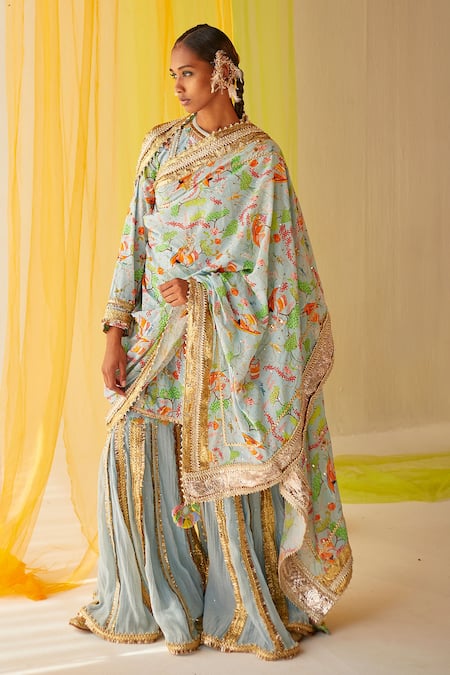Shop_Priyanka Singh_Blue Cotton, Mul Silk Floral, Mukaish Work, Sequins, Print Kurta Gharara Set_Online_at_Aza_Fashions