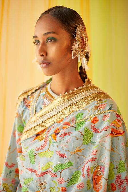 Priyanka Singh_Blue Cotton, Mul Silk Floral, Mukaish Work, Sequins, Print Kurta Gharara Set_at_Aza_Fashions