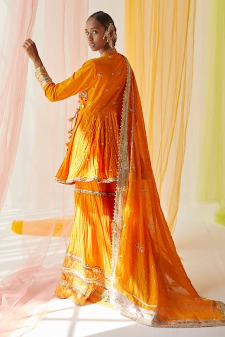 Shop Priyanka Singh Orange Cotton, Mul Silk Mukaish , Sequins, Zardozi Angrakha Gharara Set at Aza Fashions Shop_Priyanka Singh_Orange Cotton, Mul Silk Mukaish , Sequins, Zardozi Angrakha Gharara Set _at_Aza_Fashions