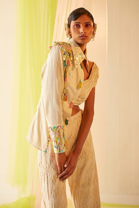 Priyanka Singh_White Cotton Mirror Work, Sequins, Embroidered Half Shirt Crop Top And Pant Set_Online_at_Aza_Fashions