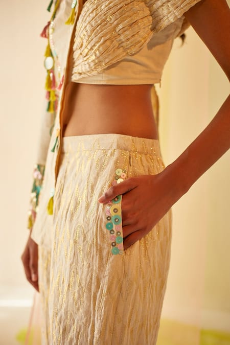 Buy_Priyanka Singh_White Cotton Mirror Work, Sequins, Embroidered Half Shirt Crop Top And Pant Set_Online_at_Aza_Fashions