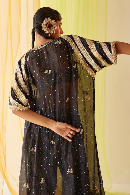 Shop Priyanka Singh Black Cotton, Mul Silk Mukaish Work, Sequins, Sheer Embroidered Pheran Pant Set at Aza Fashions Shop_Priyanka Singh_Black Cotton, Mul Silk Mukaish Work, Sequins, Sheer Embroidered Pheran Pant Set _at_Aza_Fashions