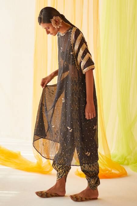 Priyanka Singh Black Cotton, Mul Silk Mukaish Work, Sequins, Sheer Embroidered Pheran Pant Set Online at Aza Fashions Priyanka Singh_Black Cotton, Mul Silk Mukaish Work, Sequins, Sheer Embroidered Pheran Pant Set _Online_at_Aza_Fashions