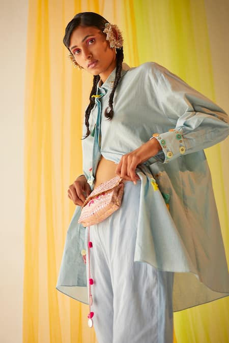 Shop Priyanka Singh Blue Cotton Sequins, Thread Work Straight Embroidered Shirt And Cowl Pant Set at Aza Fashions Shop_Priyanka Singh_Blue Cotton Sequins, Thread Work Straight Embroidered Shirt And Cowl Pant Set _at_Aza_Fashions