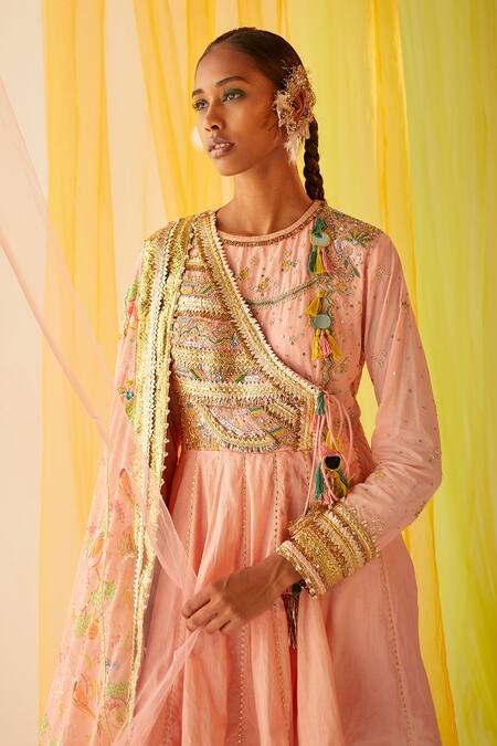Priyanka Singh_Peach Cotton, Mul Silk Gota Work, Mukaish Work, Sequins, Angrakha Gharara Set _Online_at_Aza_Fashions