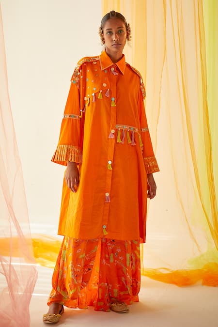 Priyanka Singh Orange Cotton Sequins, Thread Work Straight Collar Embroidered Shirt Dress 