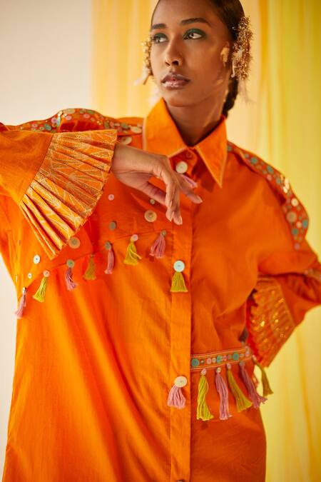 Priyanka Singh Orange Cotton Sequins, Thread Work Straight Collar Embroidered Shirt Dress Online at Aza Fashions Priyanka Singh_Orange Cotton Sequins, Thread Work Straight Collar Embroidered Shirt Dress _Online_at_Aza_Fashions