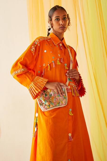 Shop Priyanka Singh Orange Cotton Sequins, Thread Work Straight Collar Embroidered Shirt Dress Online at Aza Fashions Shop_Priyanka Singh_Orange Cotton Sequins, Thread Work Straight Collar Embroidered Shirt Dress _Online_at_Aza_Fashions