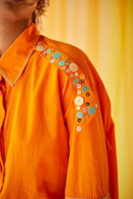 Priyanka Singh Orange Cotton Sequins, Thread Work Straight Collar Embroidered Shirt Dress at Aza Fashions Priyanka Singh_Orange Cotton Sequins, Thread Work Straight Collar Embroidered Shirt Dress _at_Aza_Fashions