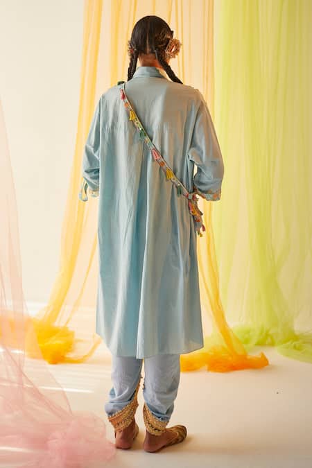 Shop Priyanka Singh Blue Cotton Mirror , Sequins, Thread Embroidered Tunic And Cowl Pant Set at Aza Fashions Shop_Priyanka Singh_Blue Cotton Mirror , Sequins, Thread Embroidered Tunic And Cowl Pant Set _at_Aza_Fashions