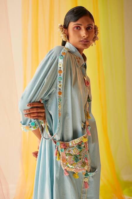 Priyanka Singh Blue Cotton Mirror , Sequins, Thread Embroidered Tunic And Cowl Pant Set Online at Aza Fashions Priyanka Singh_Blue Cotton Mirror , Sequins, Thread Embroidered Tunic And Cowl Pant Set _Online_at_Aza_Fashions