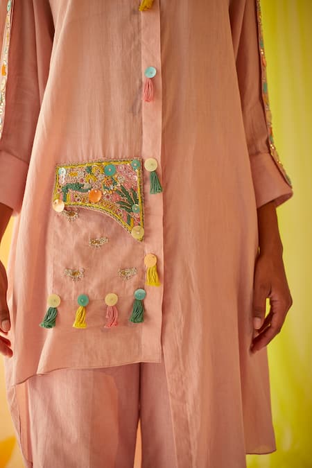 Buy Priyanka Singh Pink Cotton Mirror , Sequins, Thread Embroidered Shirt And Pant Set Online at Aza Fashions Buy_Priyanka Singh_Pink Cotton Mirror , Sequins, Thread Embroidered Shirt And Pant Set _Online_at_Aza_Fashions
