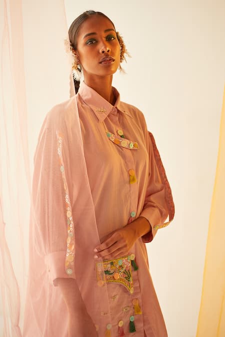 Shop Priyanka Singh Pink Cotton Mirror , Sequins, Thread Embroidered Shirt And Pant Set Online at Aza Fashions Shop_Priyanka Singh_Pink Cotton Mirror , Sequins, Thread Embroidered Shirt And Pant Set _Online_at_Aza_Fashions