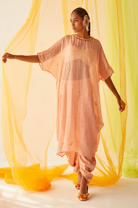 Priyanka Singh Peach Cotton, Mul Silk Mukaish Work, Sequins, Sheer Embroidered Pheran Pant Set 