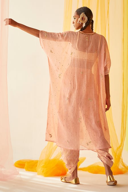 Shop Priyanka Singh Peach Cotton, Mul Silk Mukaish Work, Sequins, Sheer Embroidered Pheran Pant Set at Aza Fashions Shop_Priyanka Singh_Peach Cotton, Mul Silk Mukaish Work, Sequins, Sheer Embroidered Pheran Pant Set _at_Aza_Fashions