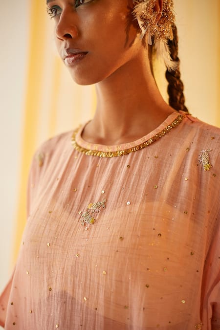 Buy Priyanka Singh Peach Cotton, Mul Silk Mukaish Work, Sequins, Sheer Embroidered Pheran Pant Set Online at Aza Fashions Buy_Priyanka Singh_Peach Cotton, Mul Silk Mukaish Work, Sequins, Sheer Embroidered Pheran Pant Set _Online_at_Aza_Fashions